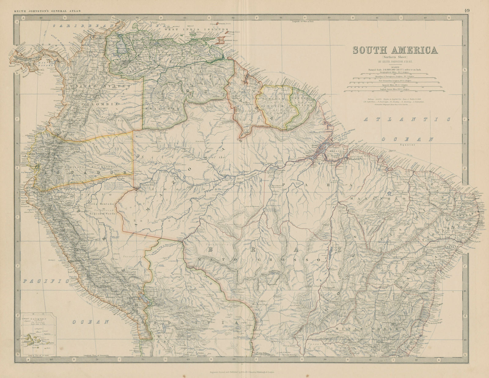 South America (North). Brazil Colombia Peru &c. 50x60cm. JOHNSTON 1879 old map